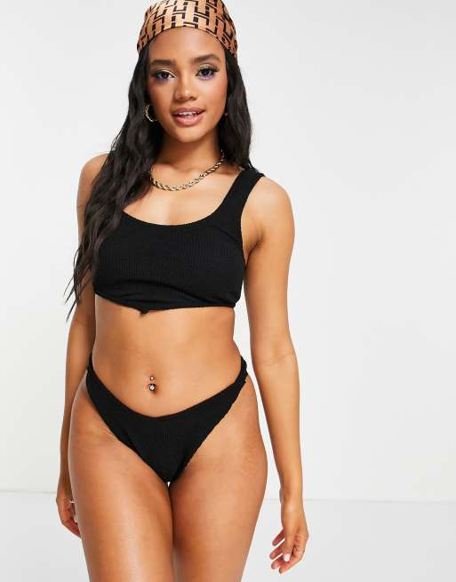 ASOS DESIGN mix & match crinkle twist side high leg bikini bottoms in black