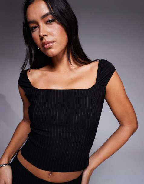 ASOS DESIGN – Mix & Match – Cropped Oberteil aus Bengaline in Schwarz mit eckigem Ausschnitt und Nadelstreifen - view 1