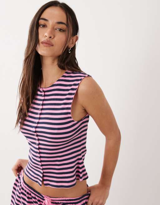 ASOS DESIGN - Mix & Match - Débardeur de pyjama boutonné à rayures - Bleu marine et rose, 3 de 4