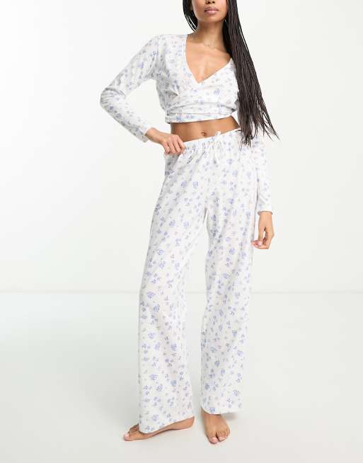 ASOS DESIGN mix match ditsy floral long sleeve pajama wrap top in white