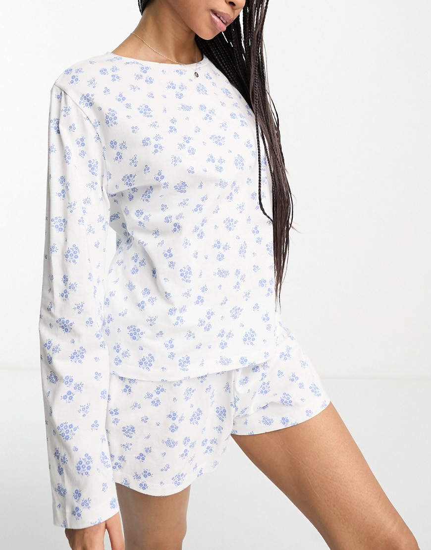 ASOS DESIGN mix & match ditsy floral long sleeve pyjama tee in white