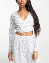 ASOS DESIGN mix & match floral pointelle button through pyjama top in blue