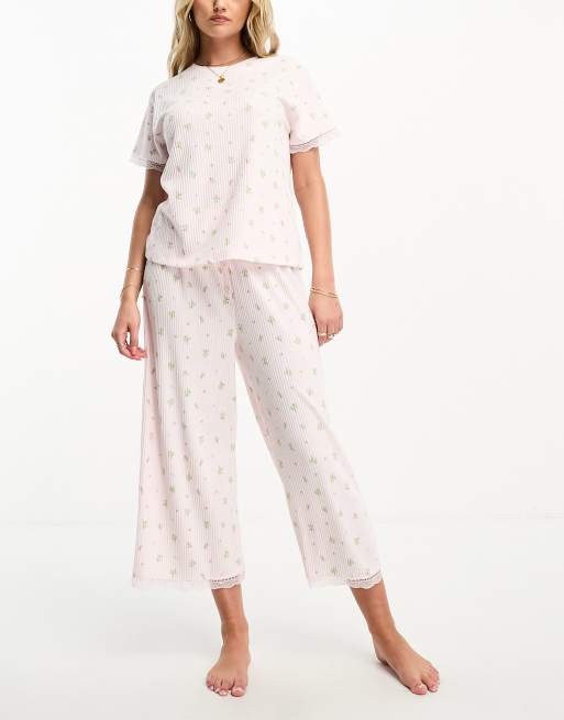 ASOS DESIGN mix & match ditsy floral rib & lace pajama culotte in