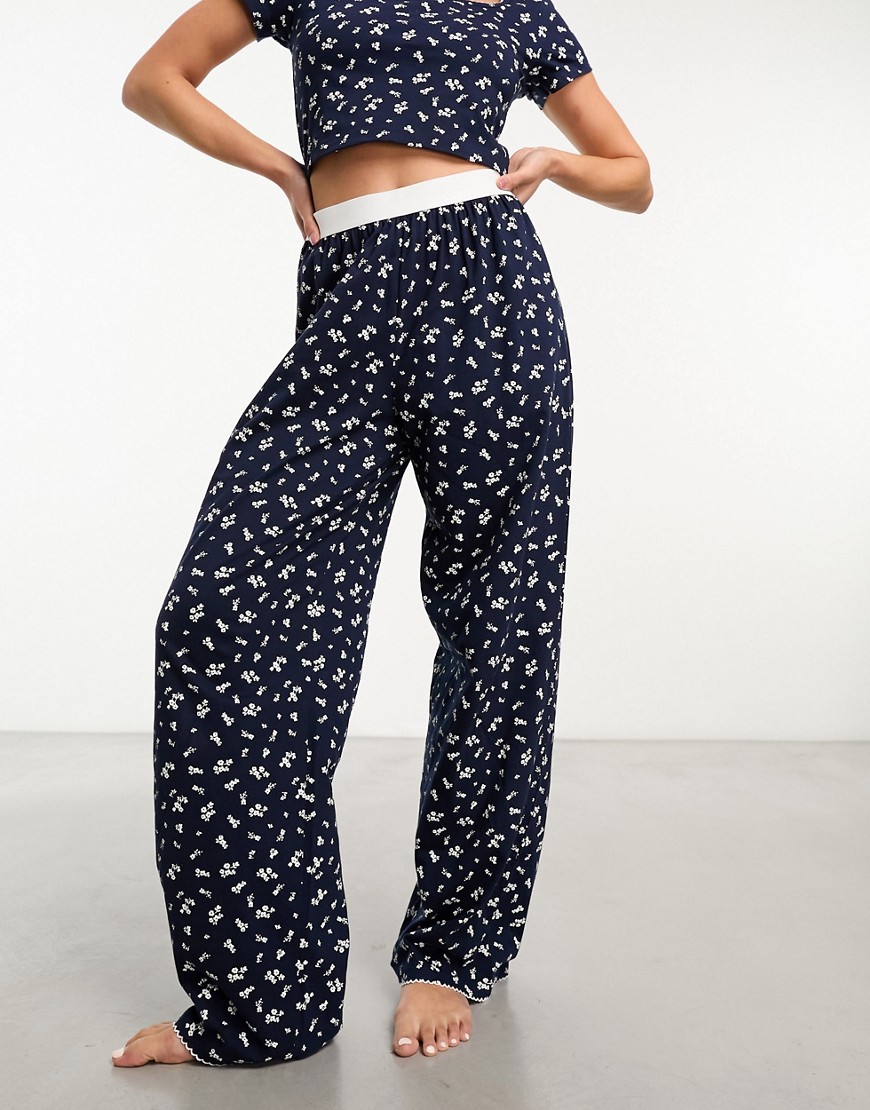 Asos Design Mix & Match Ditsy Print Pajama Pants With Exposed Waistband And Picot Trim In Navy