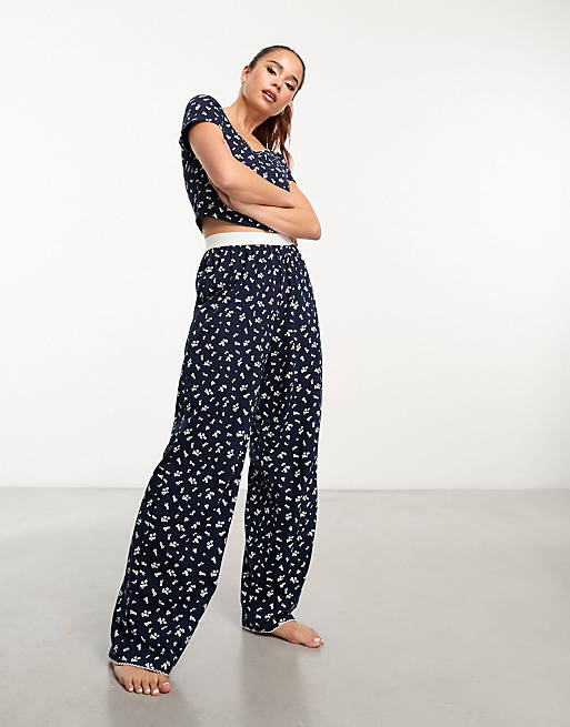ASOS DESIGN mix & match ditsy print pyjama trouser with exposed waistband  and picot trim in navy