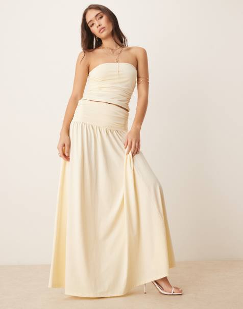 ASOS DESIGN mix & match drop waist ruched maxi skirt in buttermilk - view 1