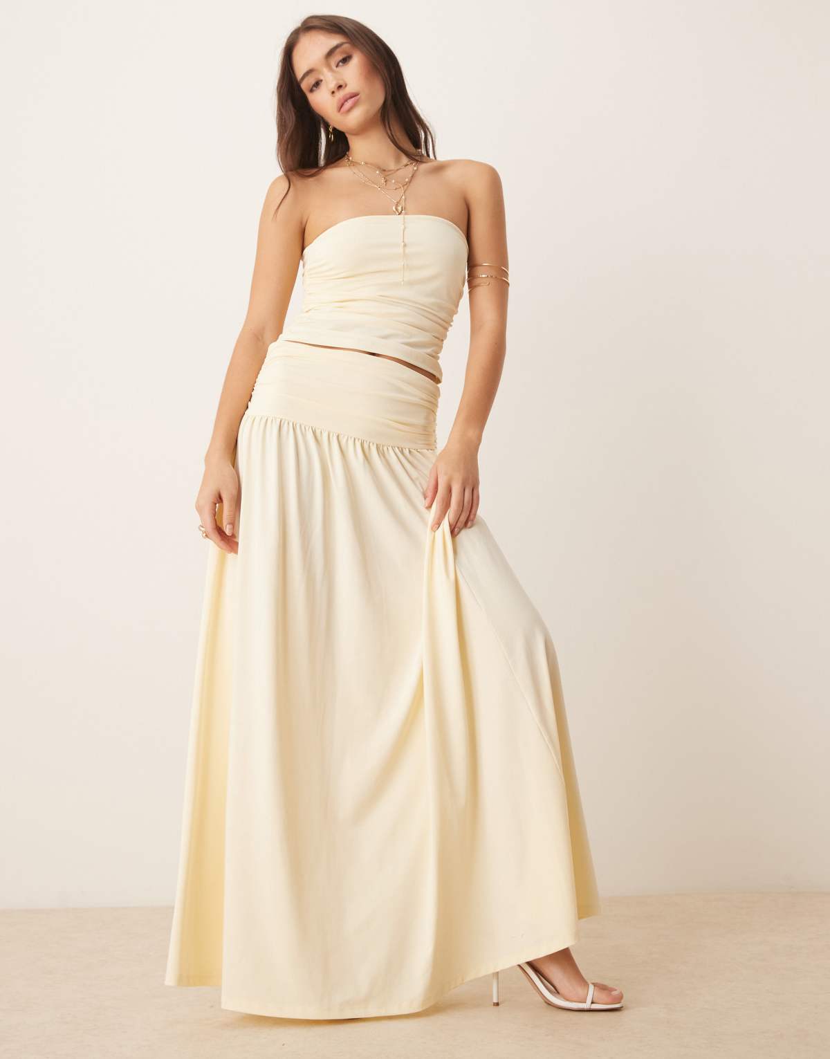 ASOS DESIGN mix & match  drop waist ruched maxi skirt in buttermilk