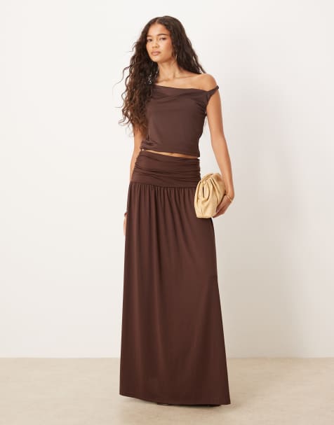 ASOS DESIGN mix & match drop waist ruched maxi skirt in chocolate - view 1