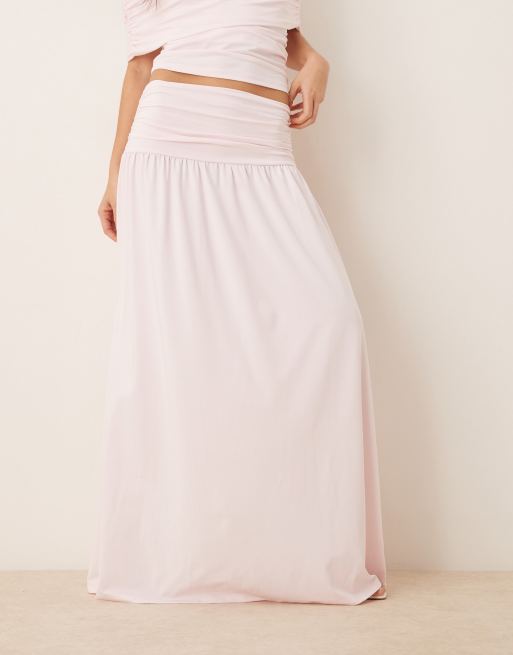 ASOS DESIGN mix & match dropped waist ruched maxi skirt in pastel pink