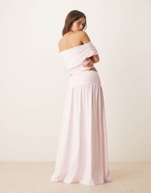 ASOS DESIGN mix & match dropped waist ruched maxi skirt in pastel pink