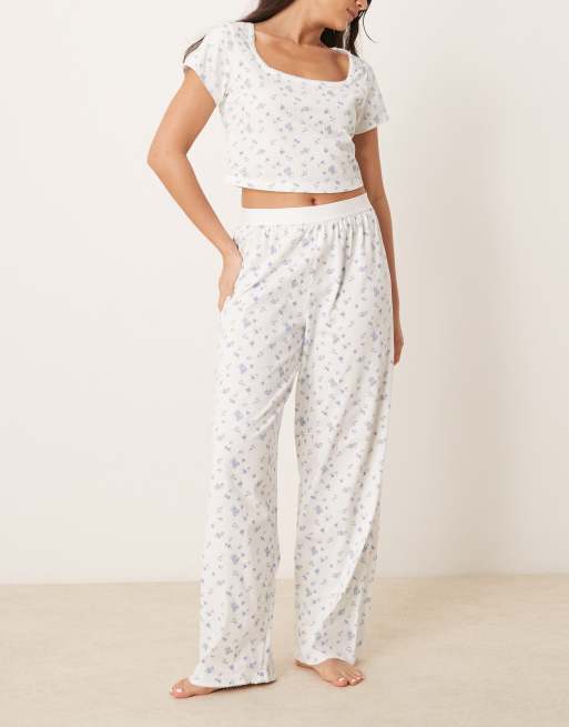 ASOS DESIGN mix & match fitted pajama tee with picot trim in blue ditsy print, 3 of 4