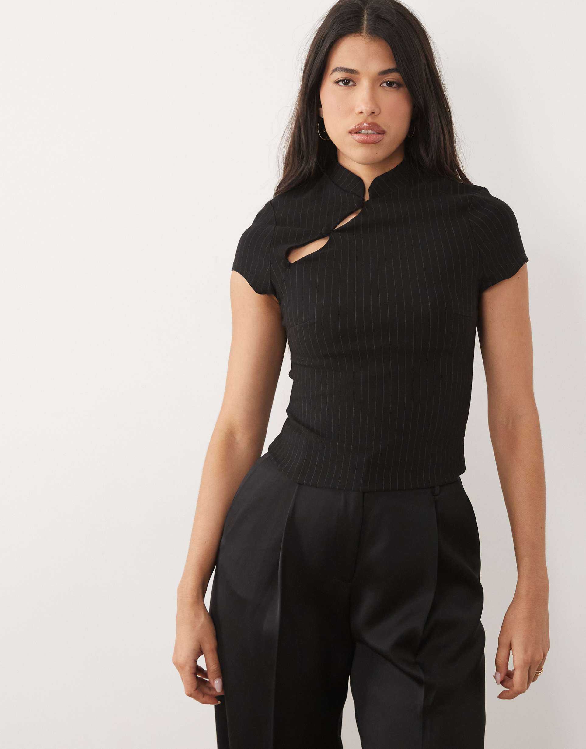 asos design mix & match fitted short sleeve top with rouleau loop button detail in black pinstripe