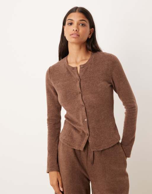 ASOS DESIGN mix & match fleece lightweight fleece cardigan in chocolate brown, 4 of 4
