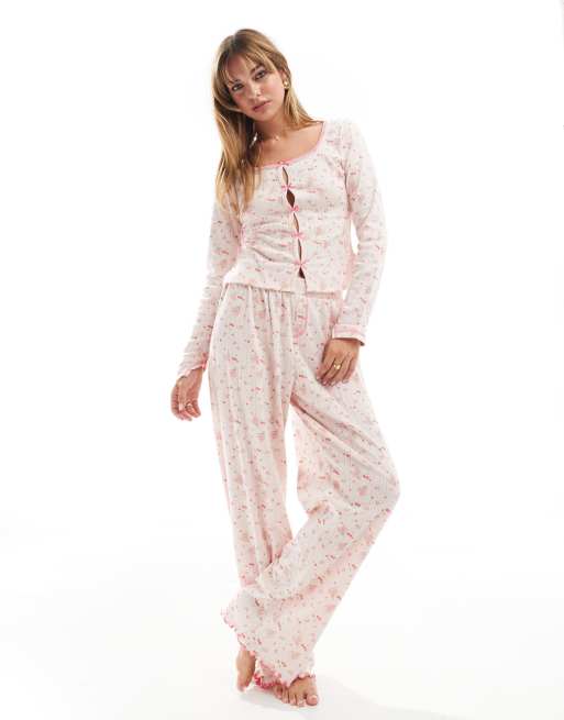 ASOS DESIGN mix & match ditsy bow print pointelle cardigan in pink