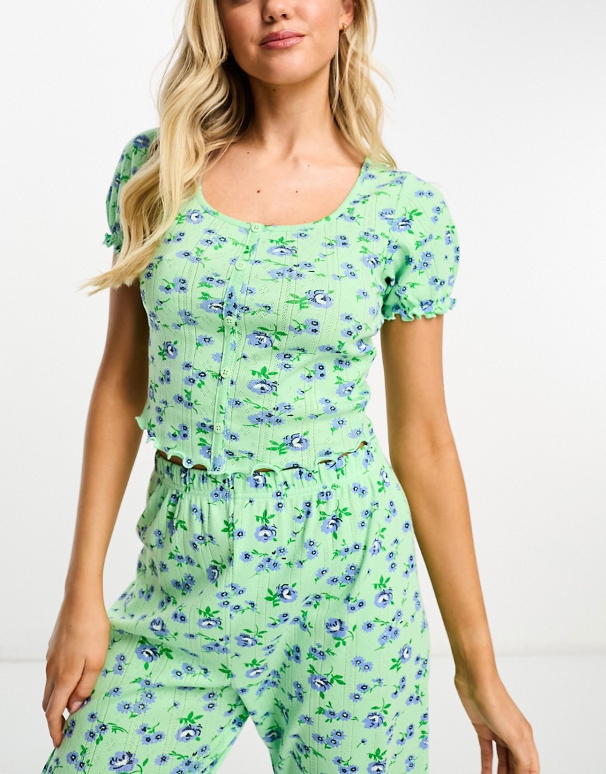 ASOS DESIGN mix & match floral pointelle button through pyjama top in green