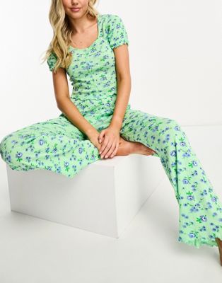 ASOS DESIGN mix & match floral pointelle pyjama trouser in green | ASOS