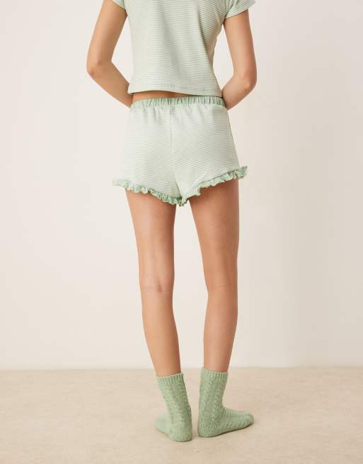 ASOS DESIGN Mix & Match frill flippy pajama shorts in sage green stripes