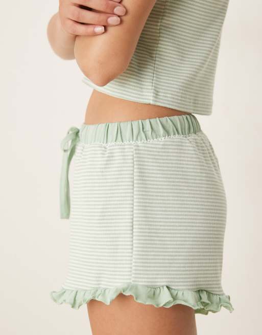 ASOS DESIGN Mix & Match frill flippy pajama shorts in sage green stripes