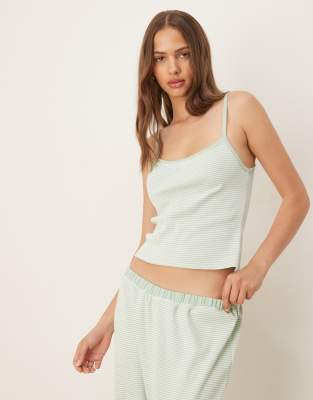 Mix & Match Frill pajama cami top in sage green stripes