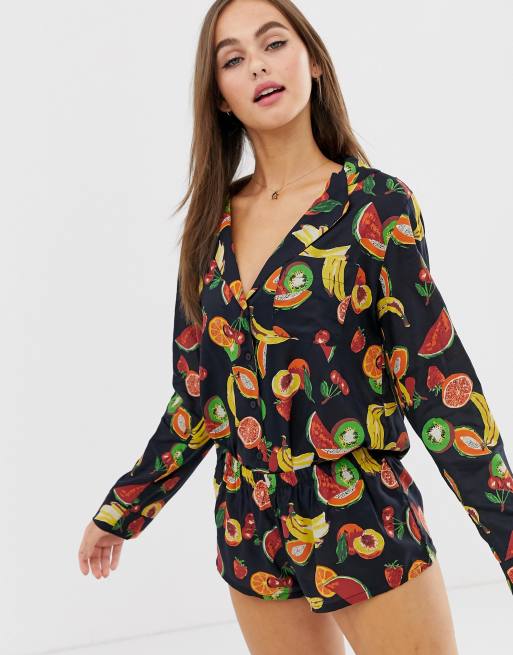 ASOS DESIGN mix & match modal fruit pajama shirt in blue