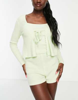 ASOS DESIGN - Mix & Match - Geborstelde, geribbelde pyjamatop met strikje voor en lange mouwen in limoengroen