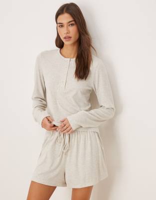 ASOS DESIGN - Mix & Match - Geripptes Pyjama-Henleyoberteil in Hellbeige-Lila