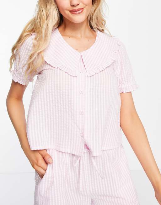 ASOS DESIGN mix & match gingham seersucker pajama shirt with oversized  collar in pink