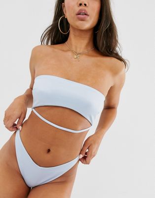 ASOS DESIGN – Mix & Match – Glänzende Bikinihüfthose im Bandagenstil mit hohem Bein in Eisblau