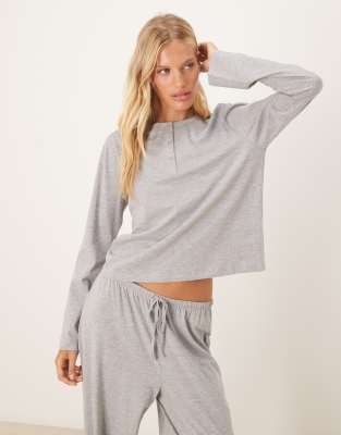ASOS DESIGN - Mix & Match - Haut de pyjama à col tunisien en coton à manches longues - Gris chiné