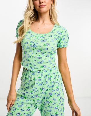 ASOS DESIGN mix & match floral pointelle button through pyjama top in green - ASOS Price Checker
