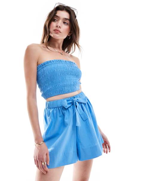 ASOS DESIGN - Mix & Match - Isabel - Top bandeau de plage aspect lin à fronces - Bleu - view 1