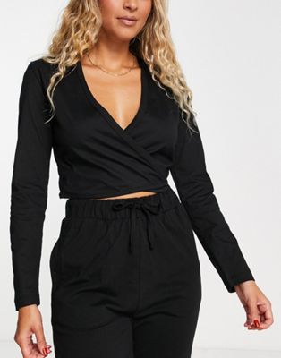 ASOS DESIGN mix & match jersey pyjama long sleeve wrap top in black