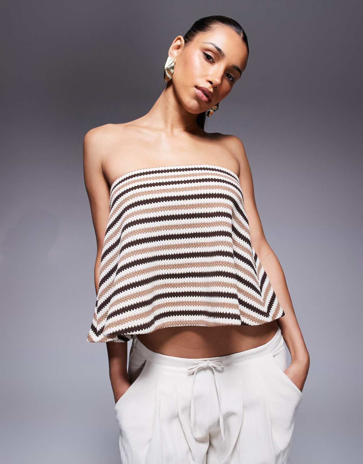 ASOS DESIGN mix & match knitted relaxed fit bandeau in brown stripes