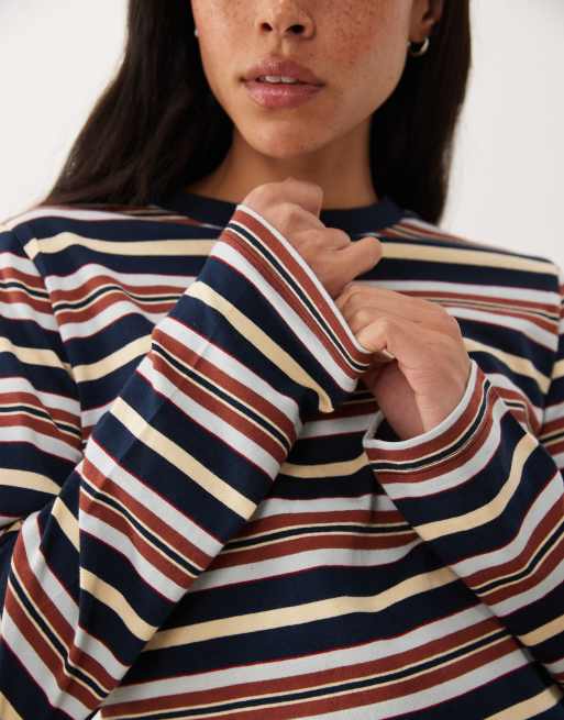 ASOS DESIGN mix & match langærmet pyjamastop i blå og brun stribe, 4 af 4