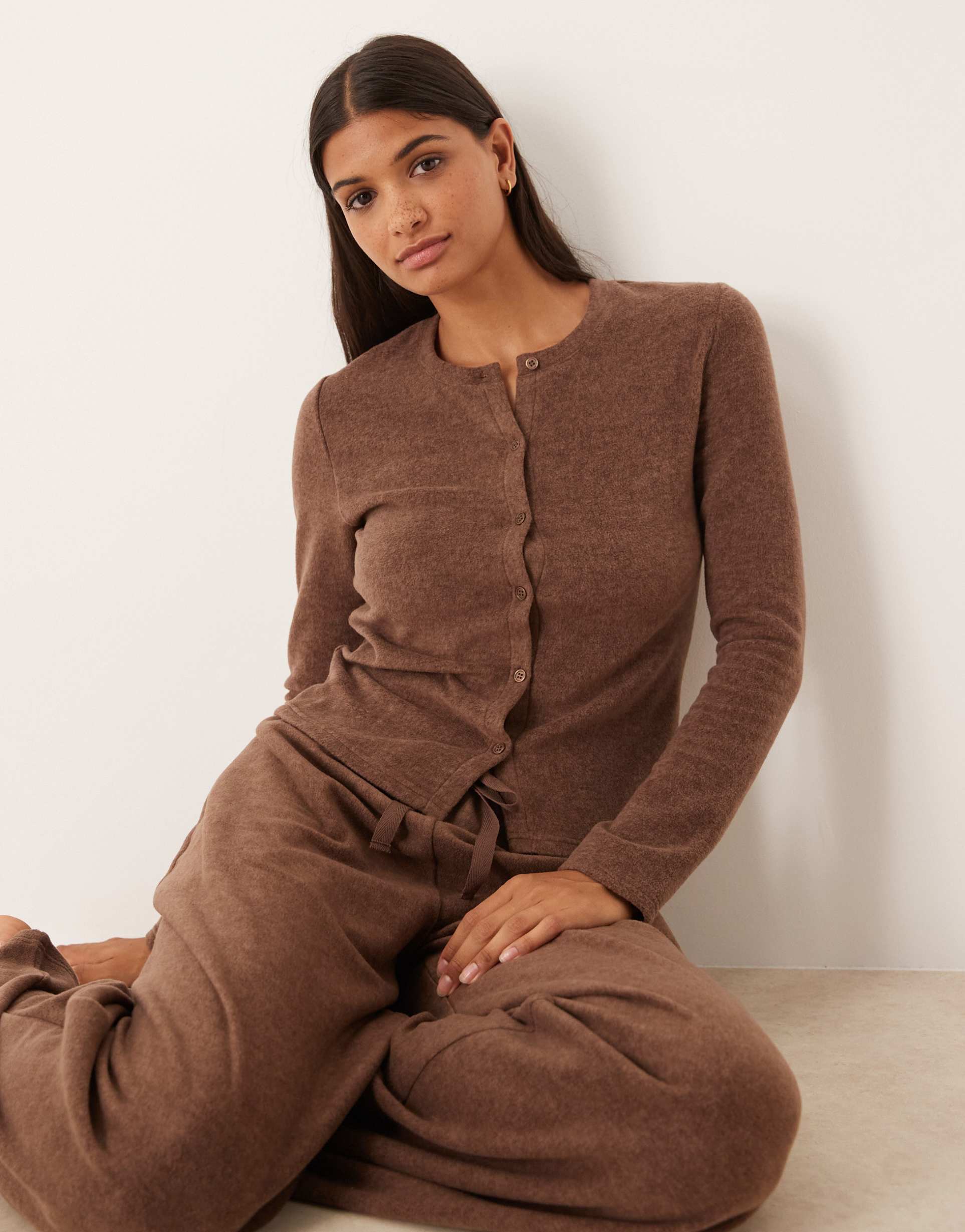 asos design mix & match lightweight fleece cardigan in chocolate brown