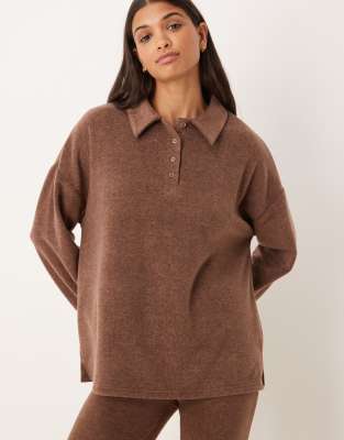 Asos Design Mix & Match Lightweight Fleece Collared Sweater In Brown