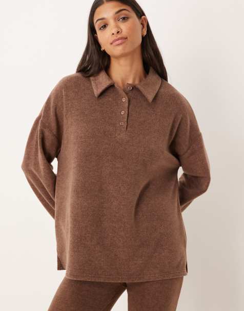 ASOS DESIGN mix & match lightweight fleece collared sweater in chocolate brown - view 1