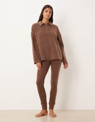Asos Design Mix & Match Lightweight Fleece Collared Sweater In Brown