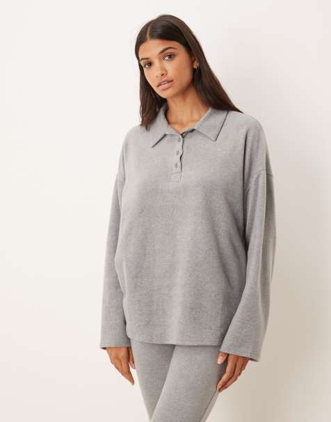 ASOS DESIGN mix & match lightweight fleece collared sweater in light gray - view 1