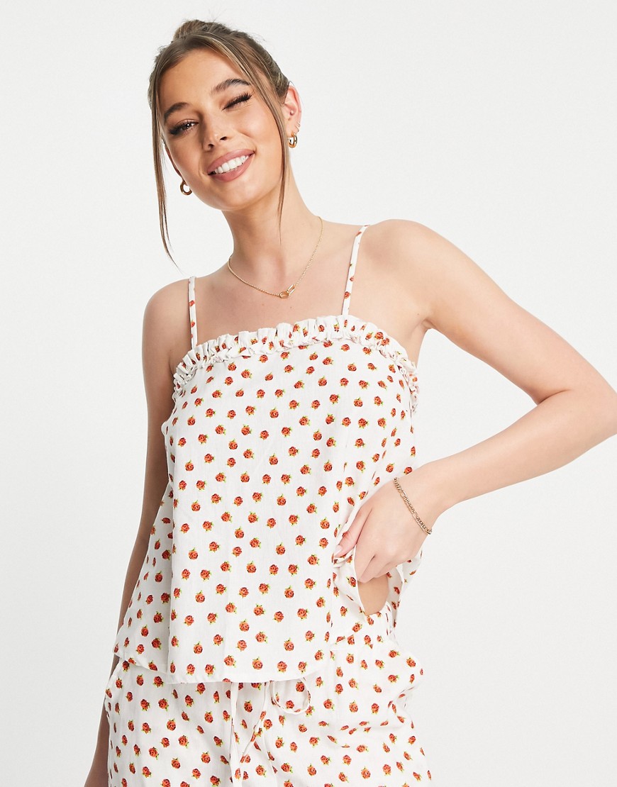 Asos Design Mix & Match Linen Floral Pajama Cami With Frill In Cream & Red-white