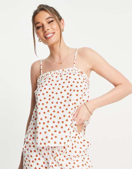 ASOS DESIGN mix & match linen floral pajama cami with frill in