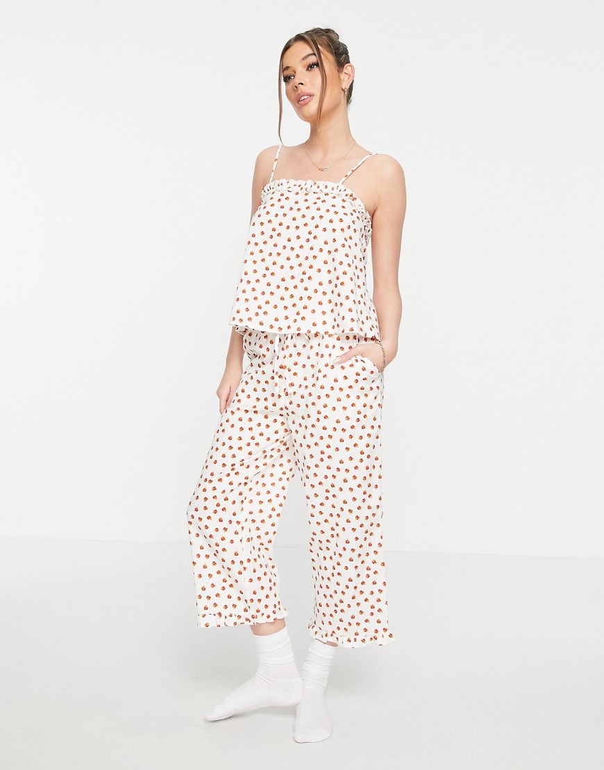 Asos Design Mix & Match Linen Floral Pajama Culotte With Frill In Cream & Red-white