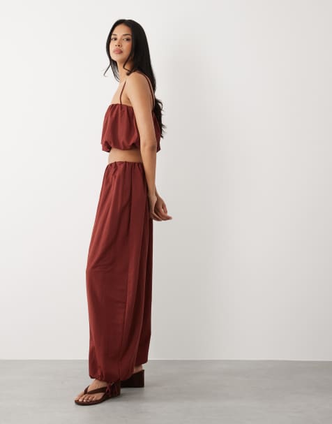 ASOS DESIGN mix & match linen look balloon pants in rust red - view 1