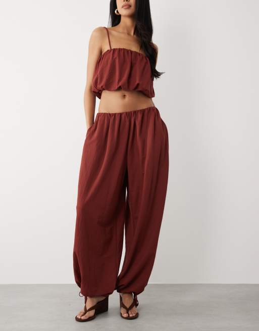 ASOS DESIGN mix & match linen look balloon trousers in rust red, 2 of 5
