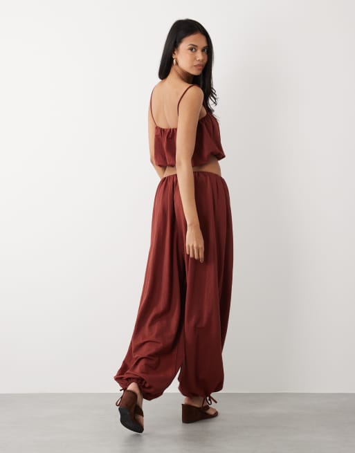 ASOS DESIGN mix & match linen look balloon trousers in rust red, 4 of 5