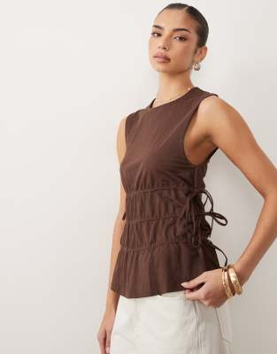 Asos Design Mix & Match Linen Look Sleeveless Top With Drawstring Waist In Brown