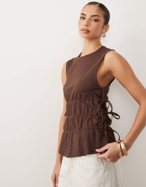 ASOS DESIGN mix & match linen look sleeveless top with drawstring waist in brown - view 1