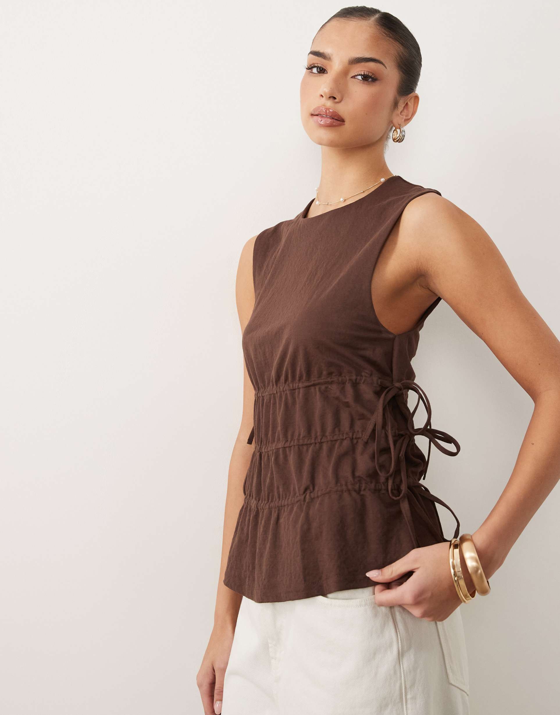 asos design mix & match linen look sleeveless top with drawstring waist in brown
