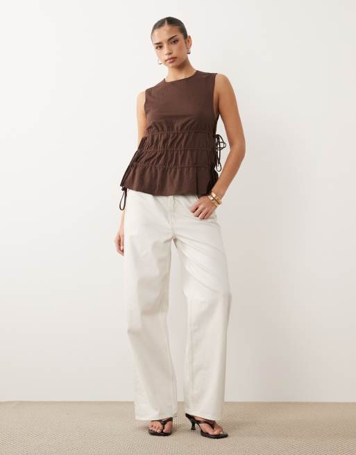 ASOS DESIGN mix & match linen look sleeveless top with drawstring waist in brown, 2 of 4