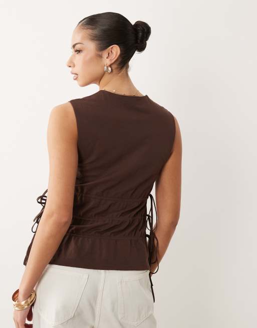 ASOS DESIGN mix & match linen look sleeveless top with drawstring waist in brown, 4 of 4